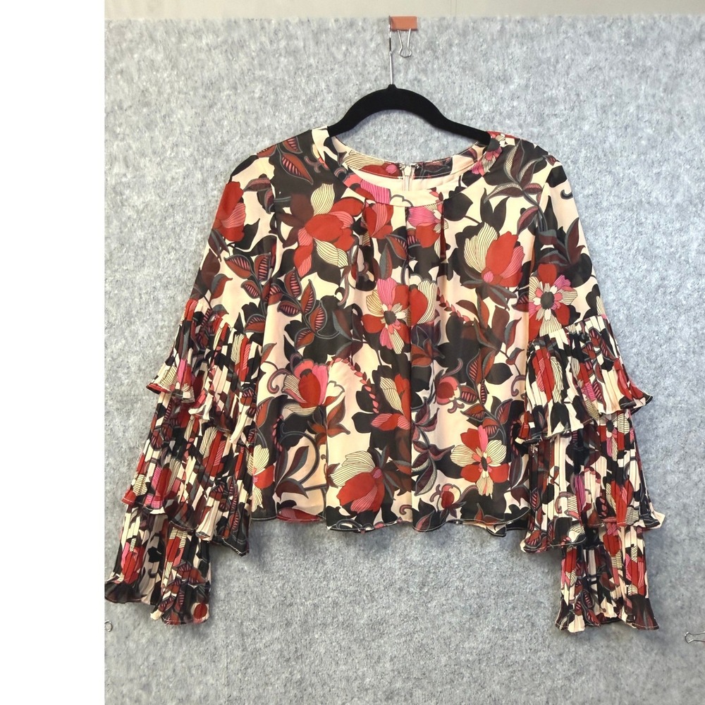 Nanette Lepore Womens Floral Tiered Pleated Ruffle Sleeve Blouse Top Red Black M